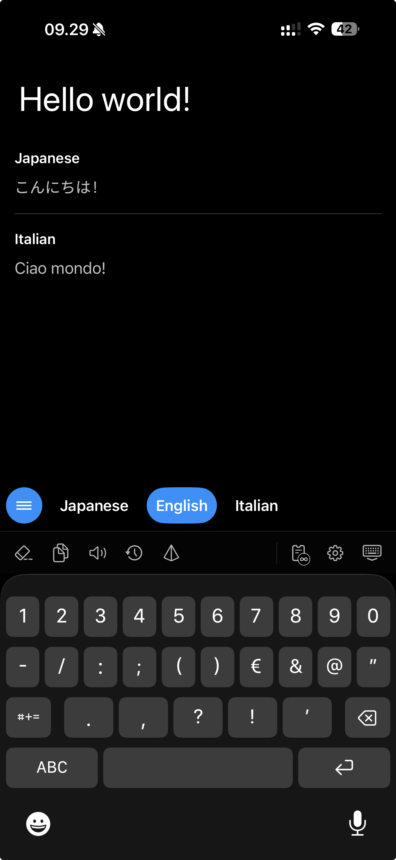 iPhone translation preview showing Hello world translated into Japanese and Italian